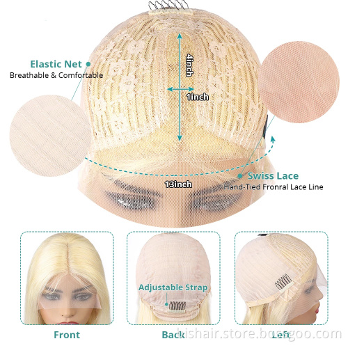 613 Wavy Human Hair Ladies Straight Hair Wig 13*4T Lace Front Wig No Glue Bleached Knot Golden 100% Human Hair Brazil Remy Cheap